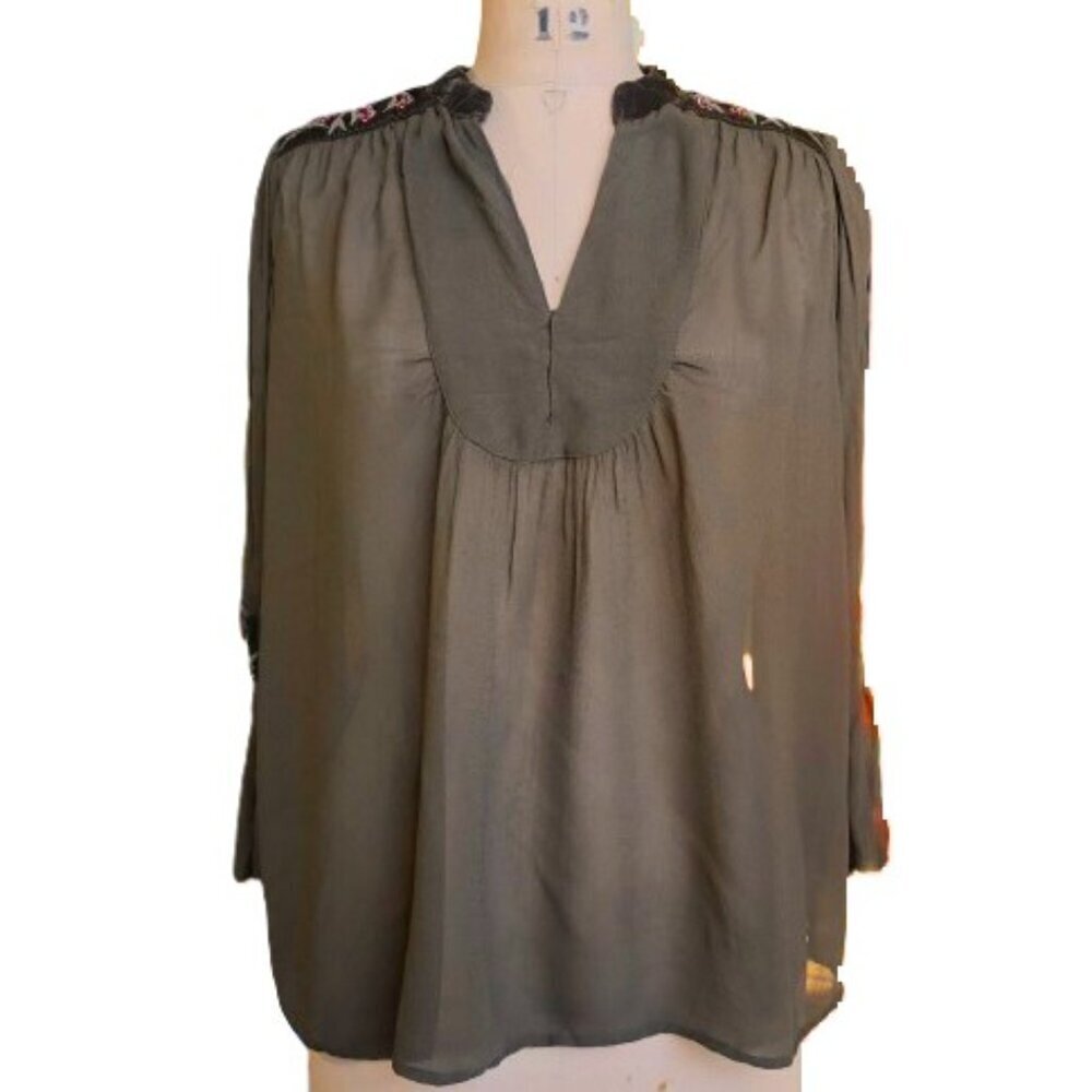 Zara olive brown velvet, embroidery and beads tunic top